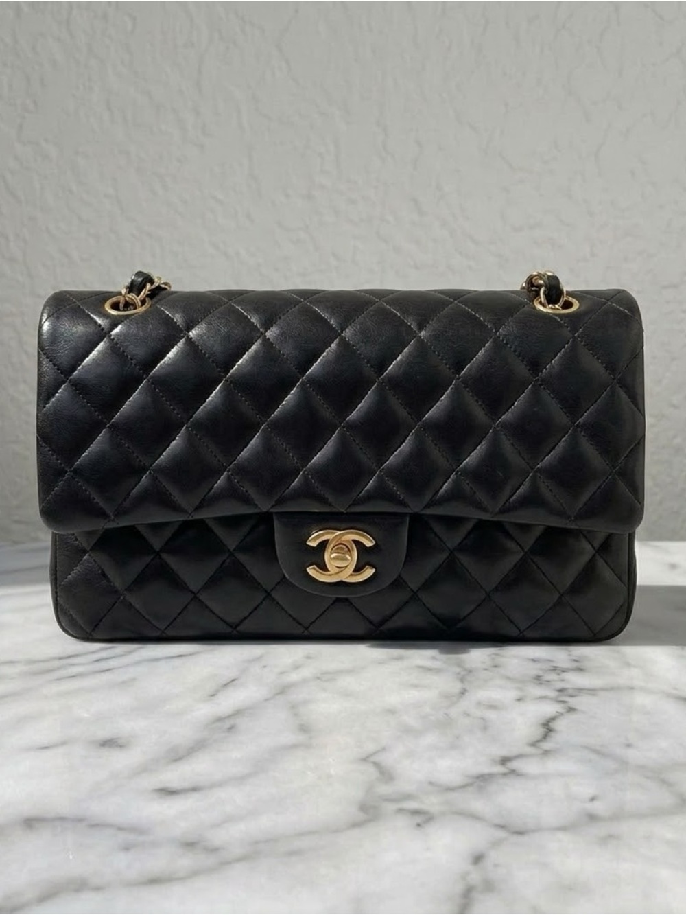 CHANEL Black Quilted Double Flap Shoulder Bag with Gold Hardware